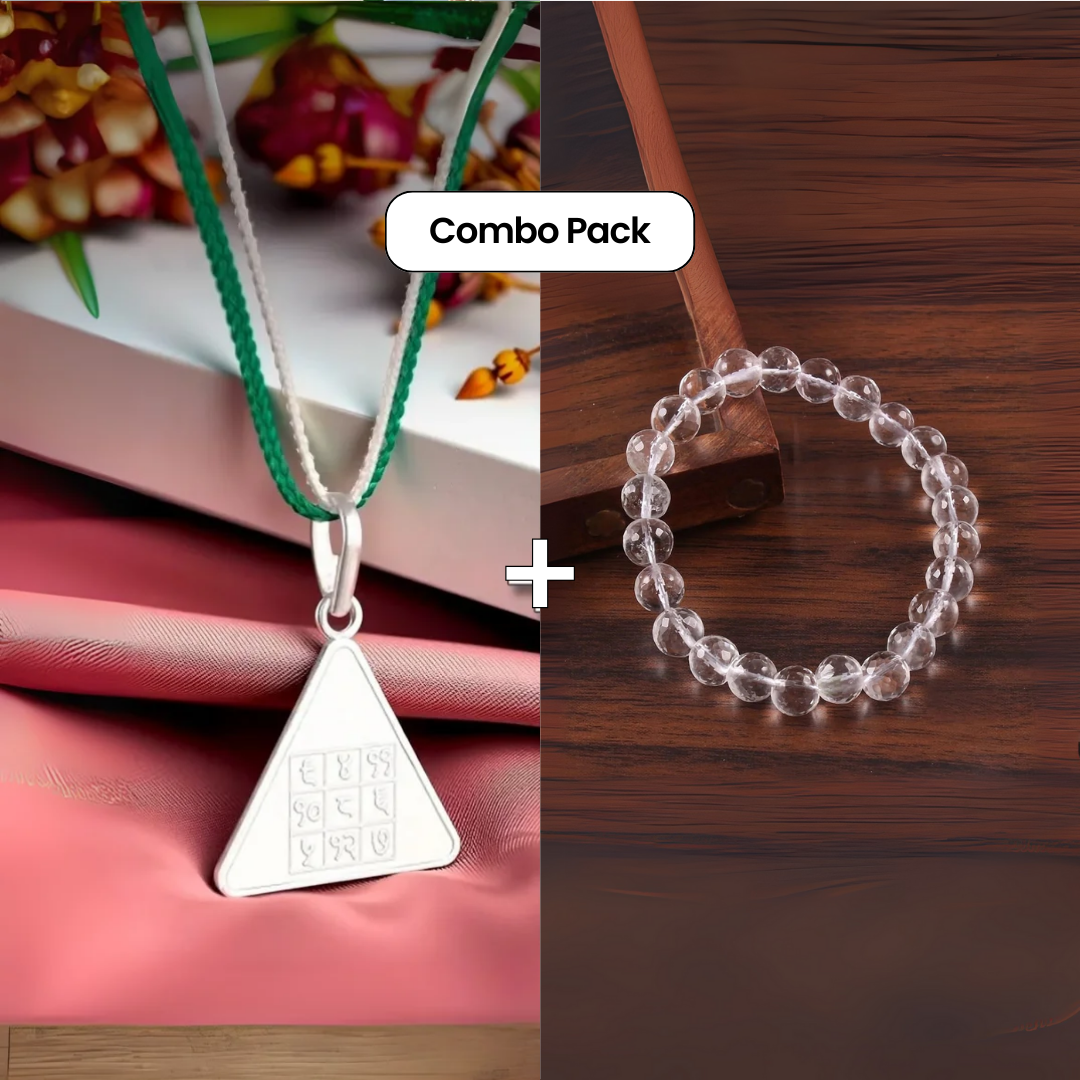 Budh Pyra Yantra Silver Locket And Crystal Bracelet Clear Quartz Diamond Cut Combo
