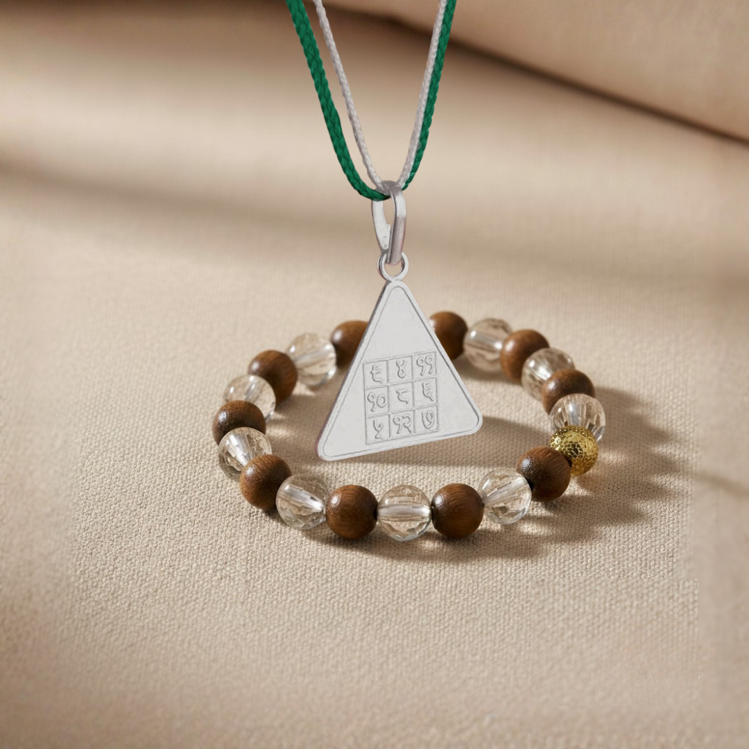 Budh Pyra Yantra Silver Locket And Wood and Clear Crystal Bracelet Combo