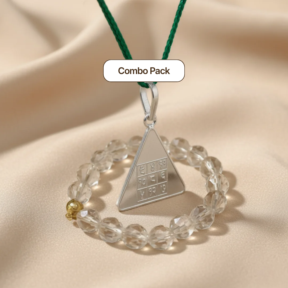 Budh Yantra Silver Locket And Crystal Bracelet Clear Quartz Diamond Cut Combo