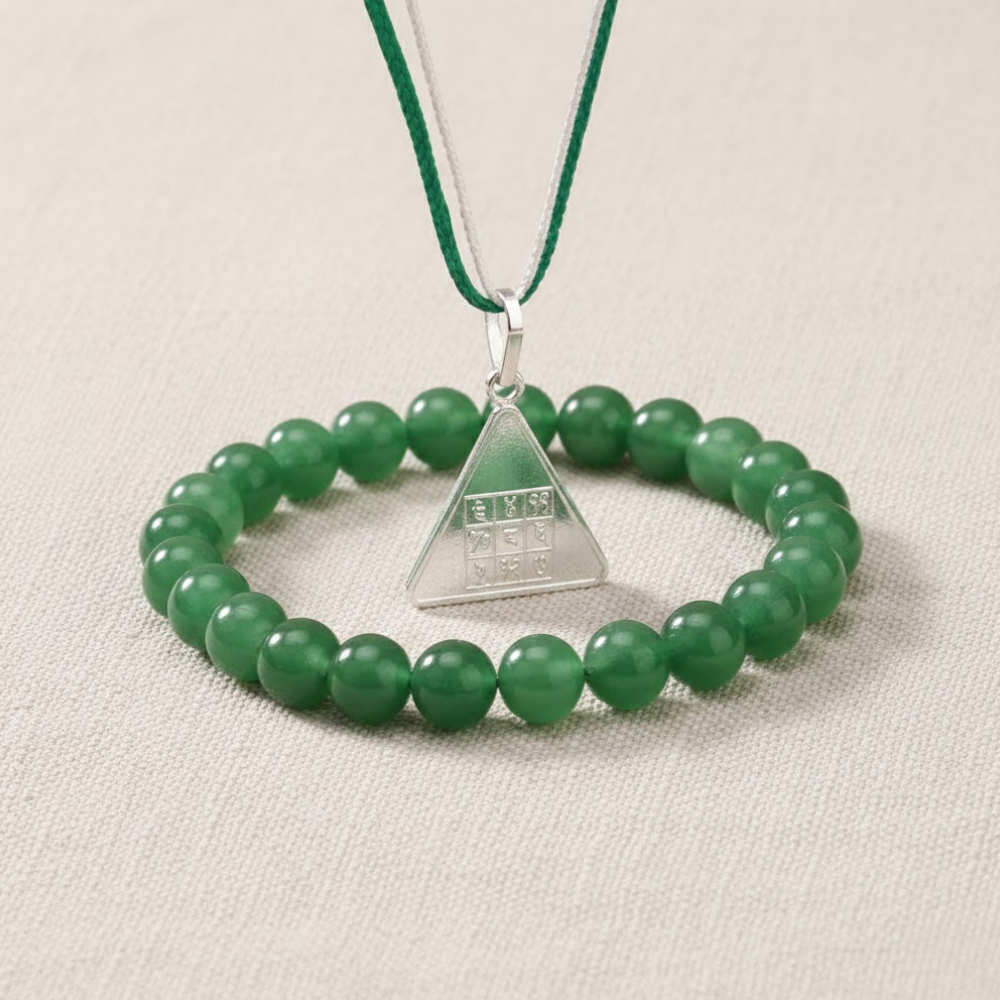 Budh Pyra Yantra Silver Locket and Green Aventurine Bracelet Combo