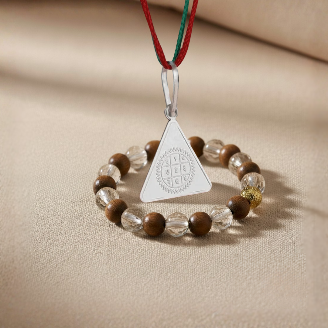 Surya Budh Yantra Silver Locket and Wood and Clear Crystal Bracelet Combo