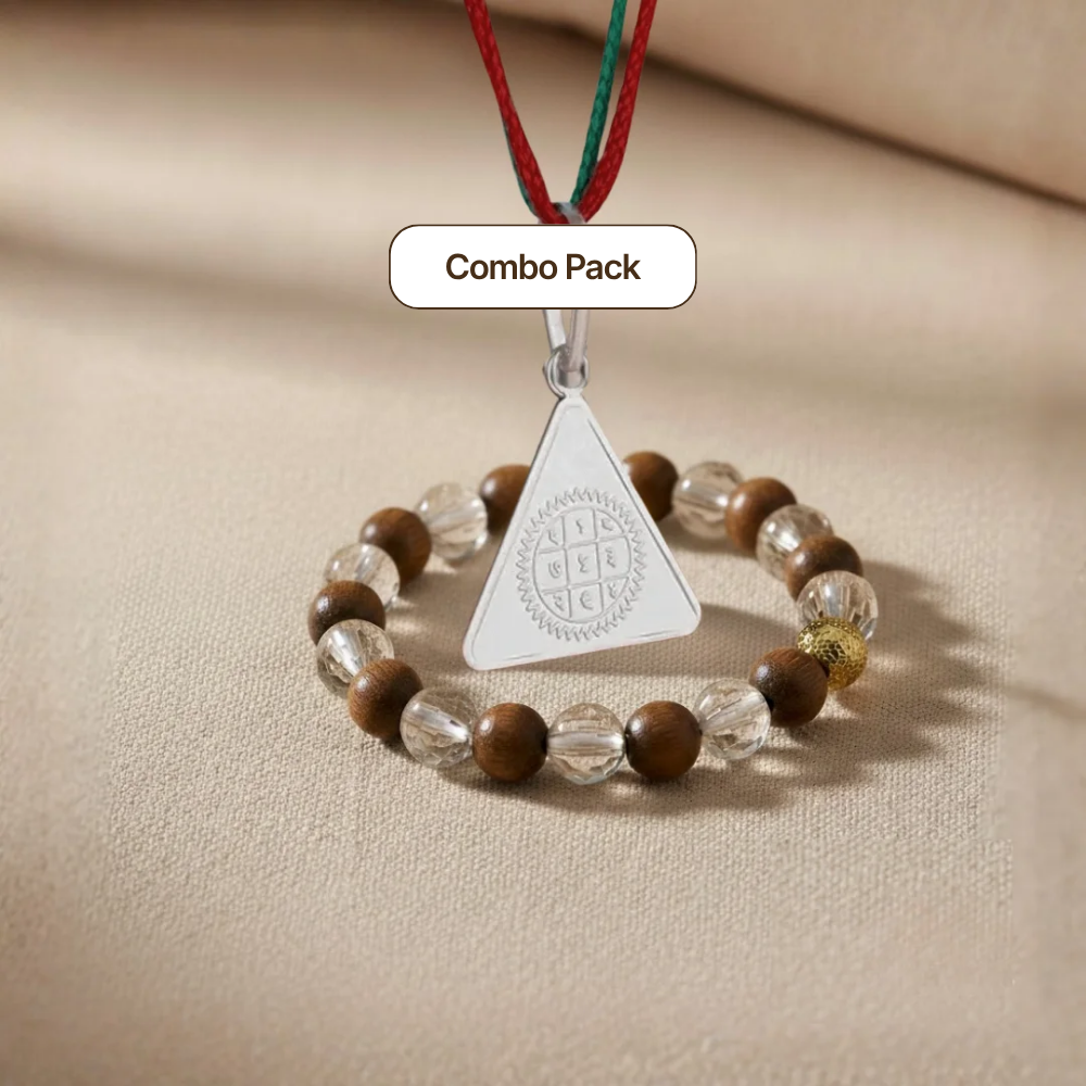 Surya Budh Yantra Silver Locket and Wood and Clear Crystal Bracelet Combo