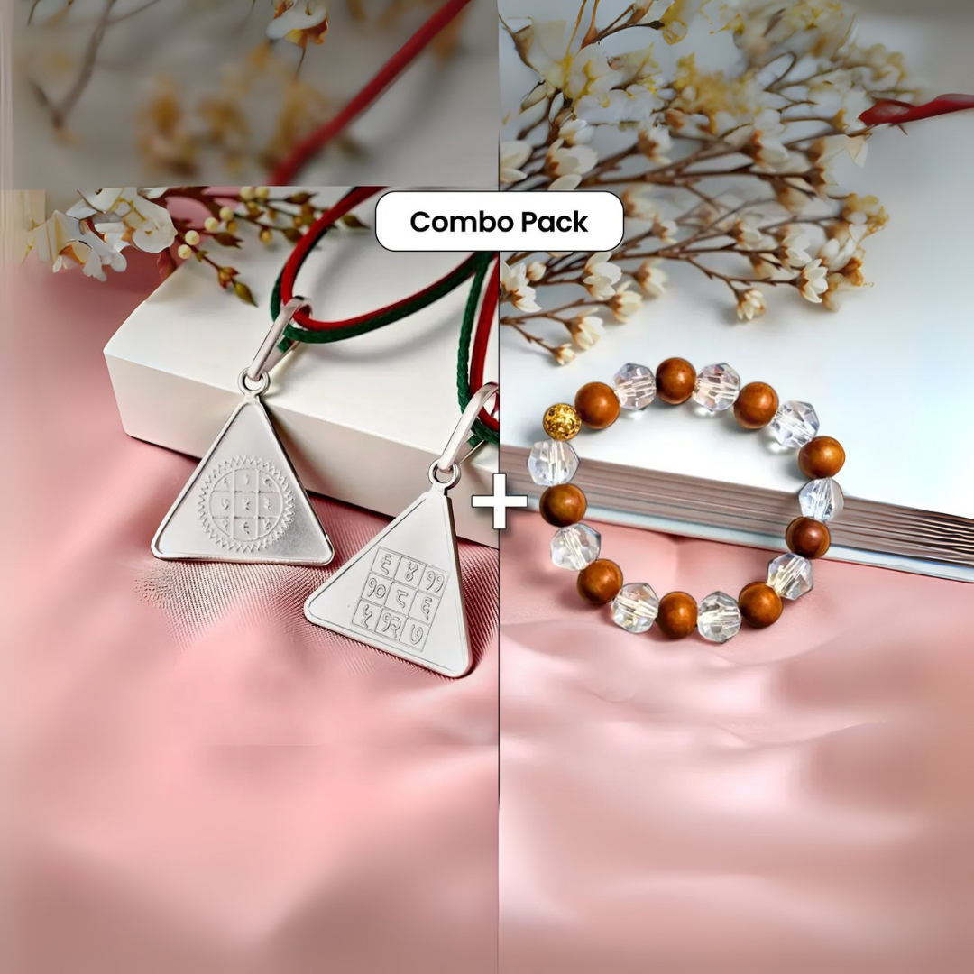 Surya Budh Yantra Silver Locket and Wood and Clear Crystal Bracelet Combo