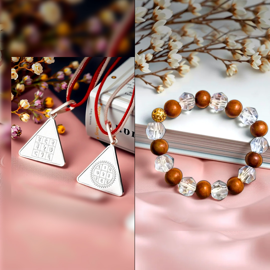 Surya Pyra Yantra Silver Locket and Wood and Clear Crystal Bracelet Diamond Cut Combo