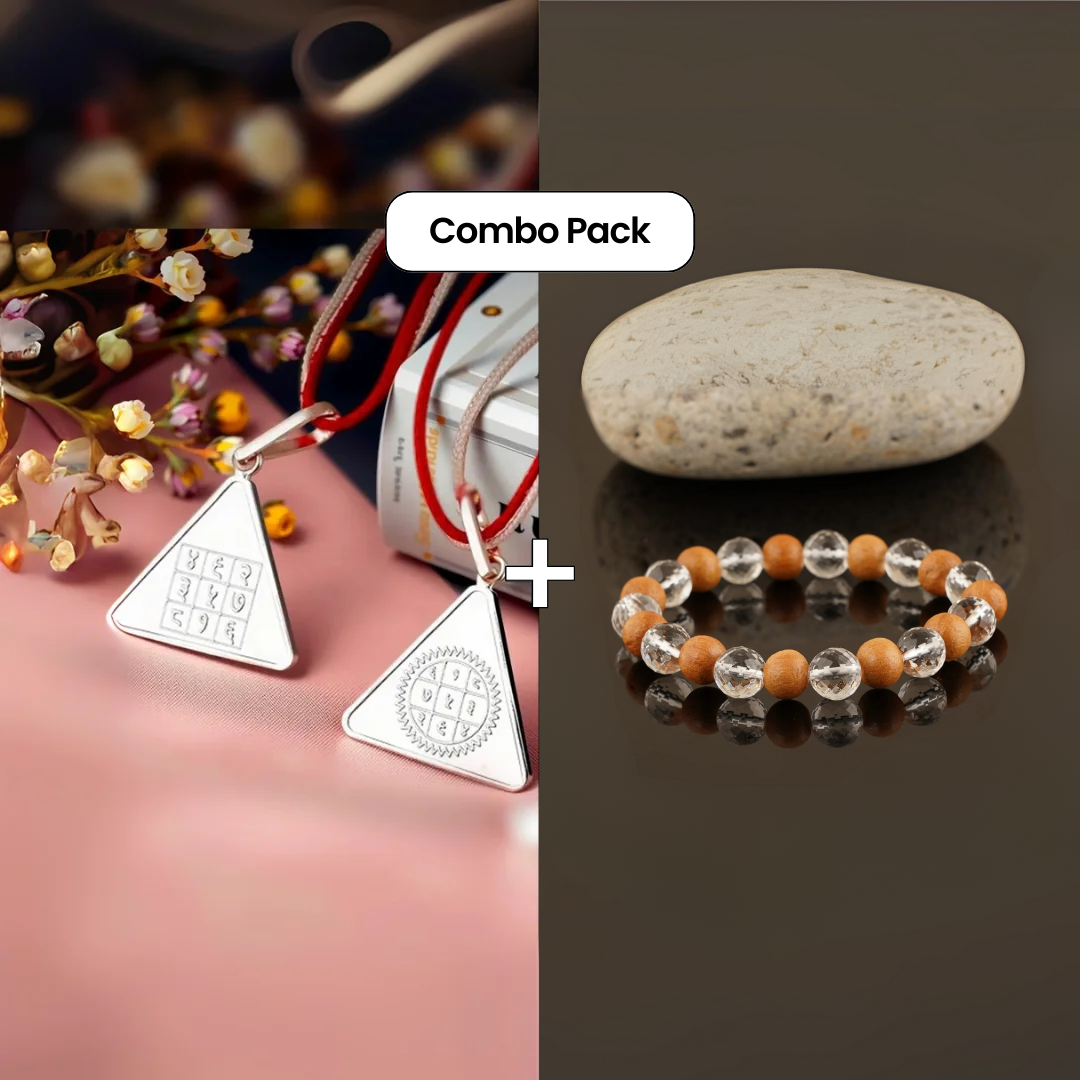 Surya Pyra Yantra Silver Locket and Sandalwood and Clear Crystal Bracelet Combo