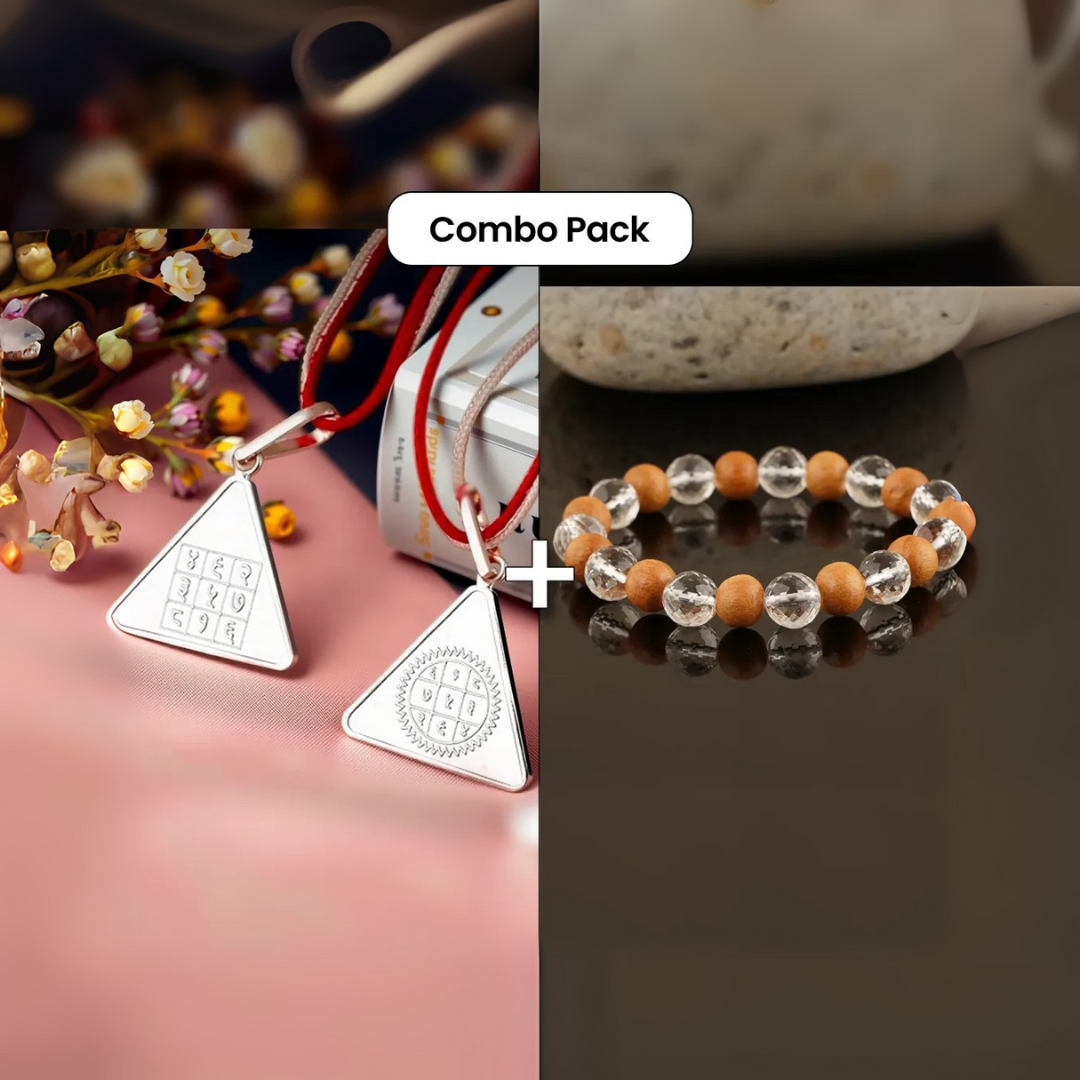 Surya Pyra Yantra Silver Locket and Sandalwood and Clear Crystal Bracelet Combo