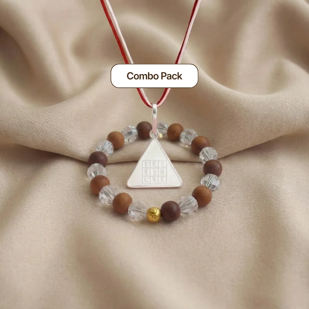 Surya Pyra Yantra Silver Locket and Wood and Clear Crystal Bracelet
