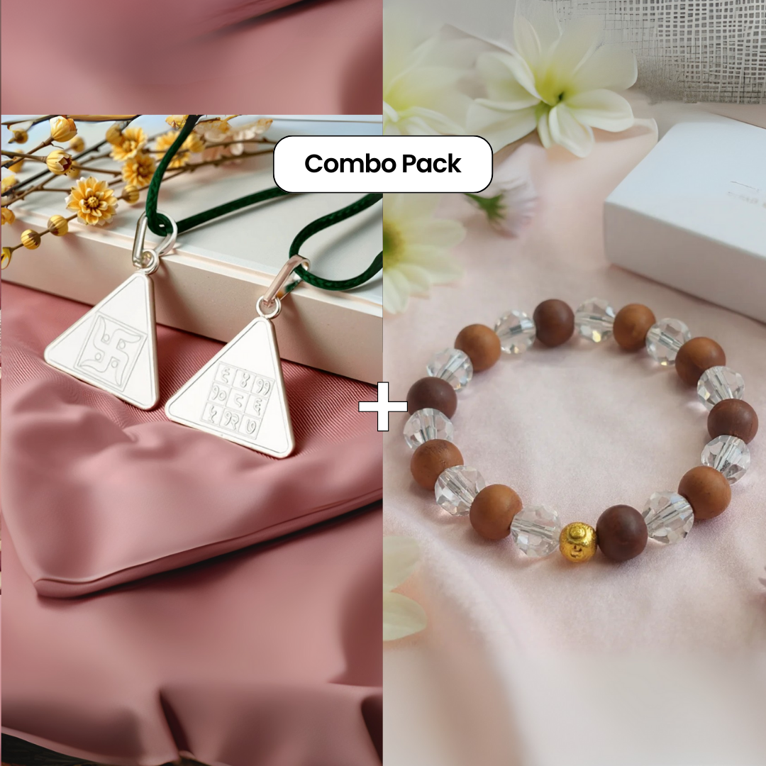 Budh Yantra Silver Locket and Wood & Clear Crystal Bracelet Combo