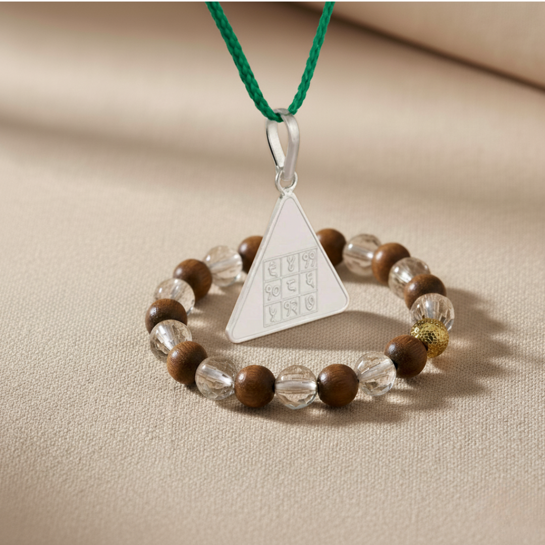 Budh Yantra Silver Locket and Wood & Clear Crystal Bracelet Combo