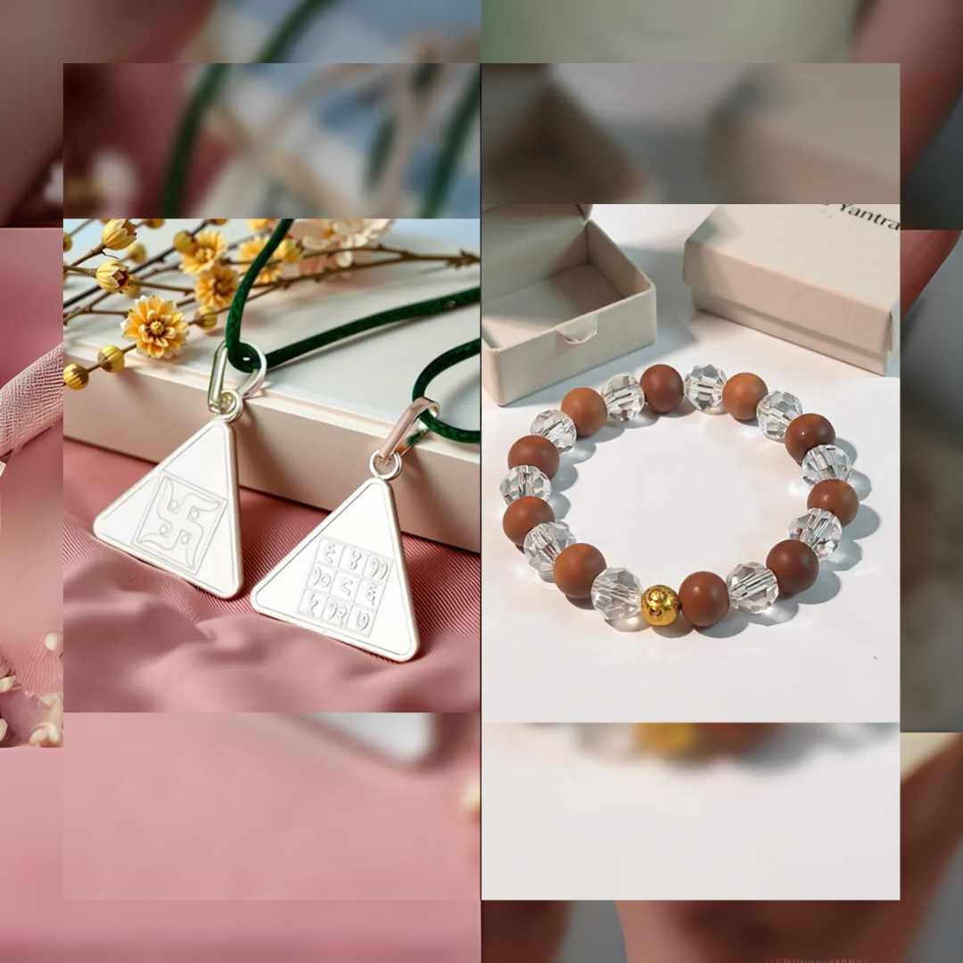 Budh Yantra Silver Locket and Wood & Clear Crystal Bracelet Combo
