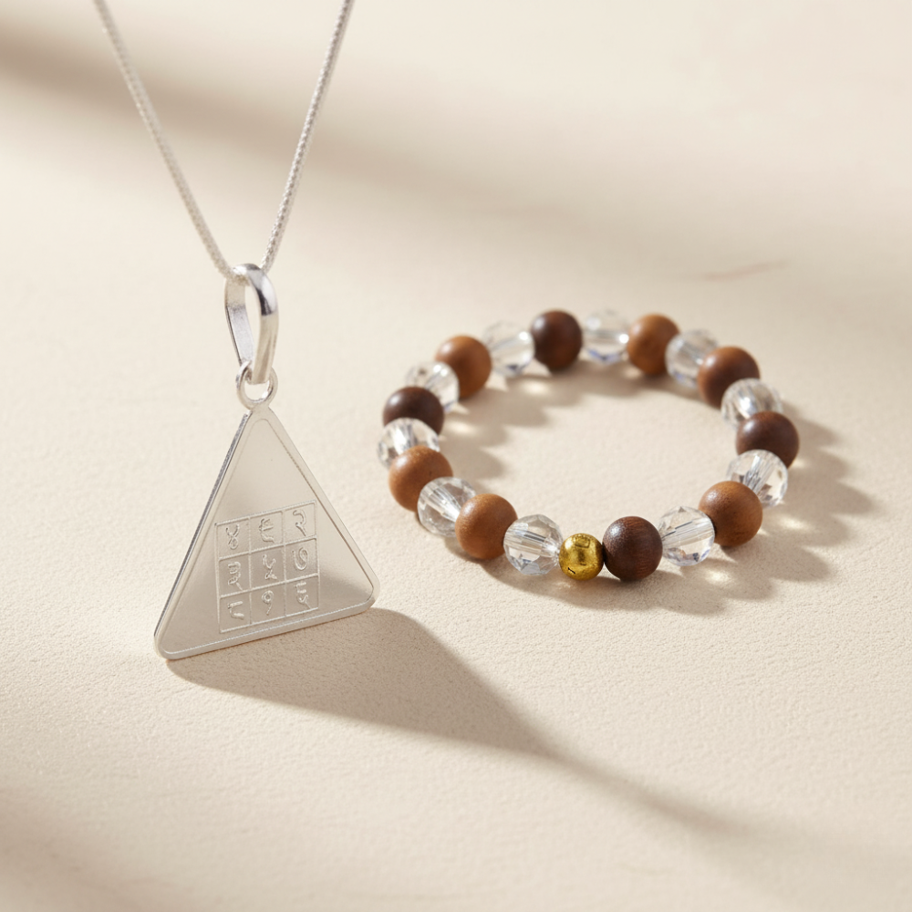 Pyra Yantra Silver Locket and Wood & Clear Crystal Bracelet Combo