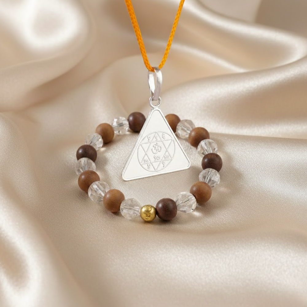Gayatri Yantra Silver Locket and Wood & Clear Crystal Bracelet Combo