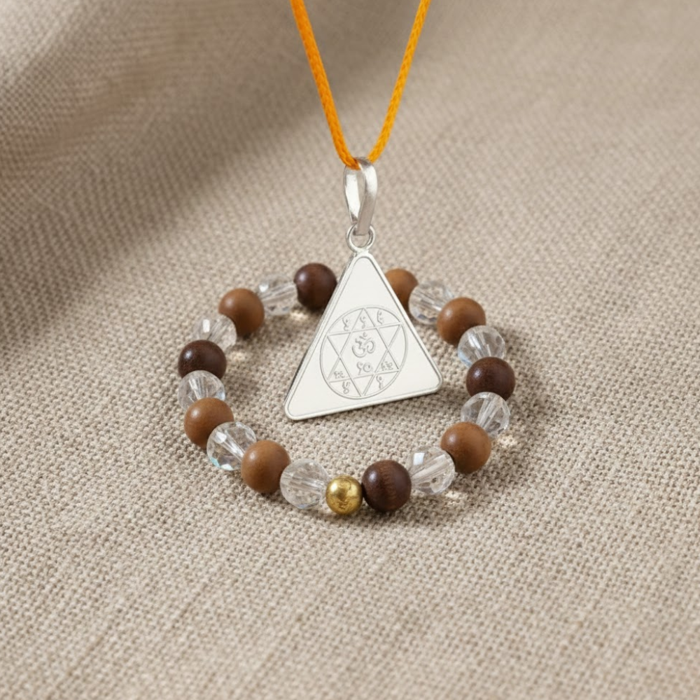 Gayatri Yantra Silver Locket and Wood & Clear Crystal Bracelet Combo