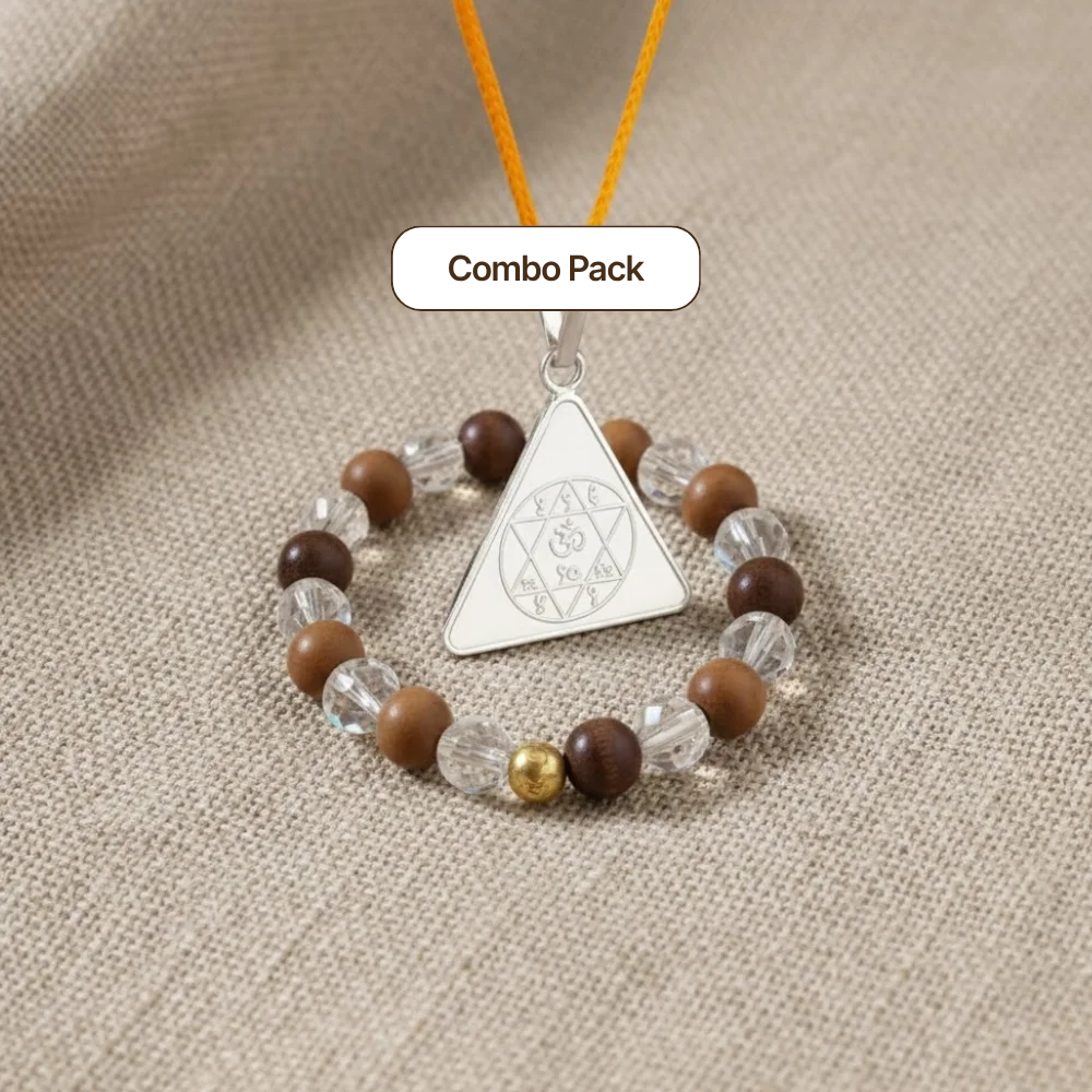 Gayatri Yantra Silver Locket and Wood & Clear Crystal Bracelet Combo