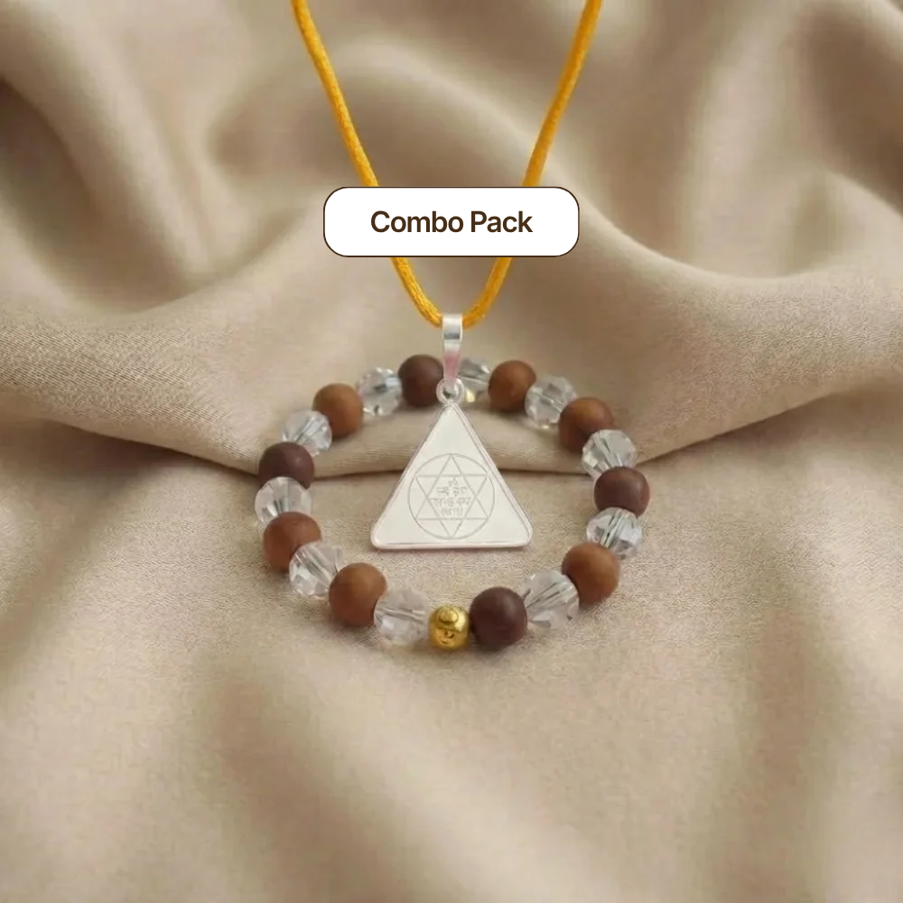 Maa Saraswati Yantra Silver Locket and Wood & Clear Crystal Bracelet Combo