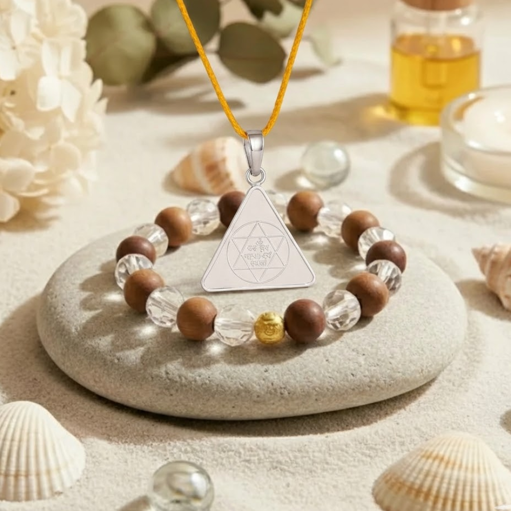 Maa Saraswati Yantra Silver Locket and Wood & Clear Crystal Bracelet Combo