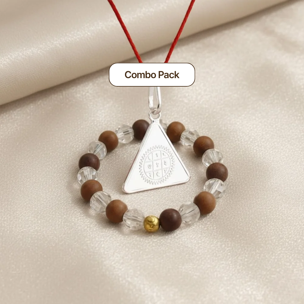 Shri Surya Yantra Silver Locket and Wood & Clear Crystal Bracelet Combo