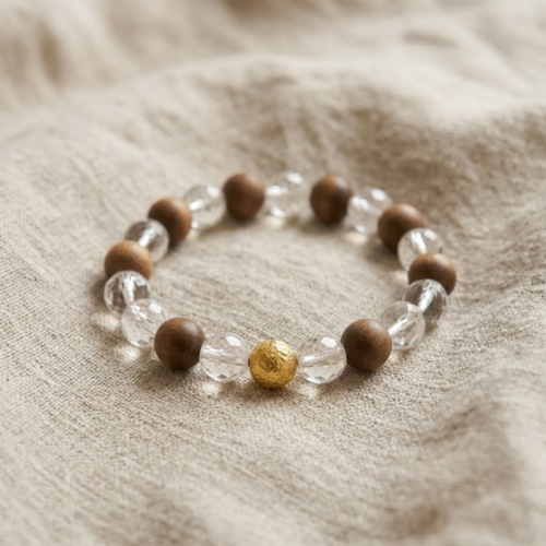 Wood and Clear Crystal Bracelet (Diamond Cut) With Golden Moti photo review