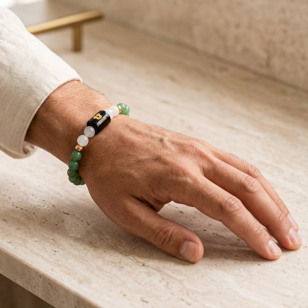 Gemini (मिथुन राशि) Zodiac Green Aventurine & Milky Quartz Bracelet Model