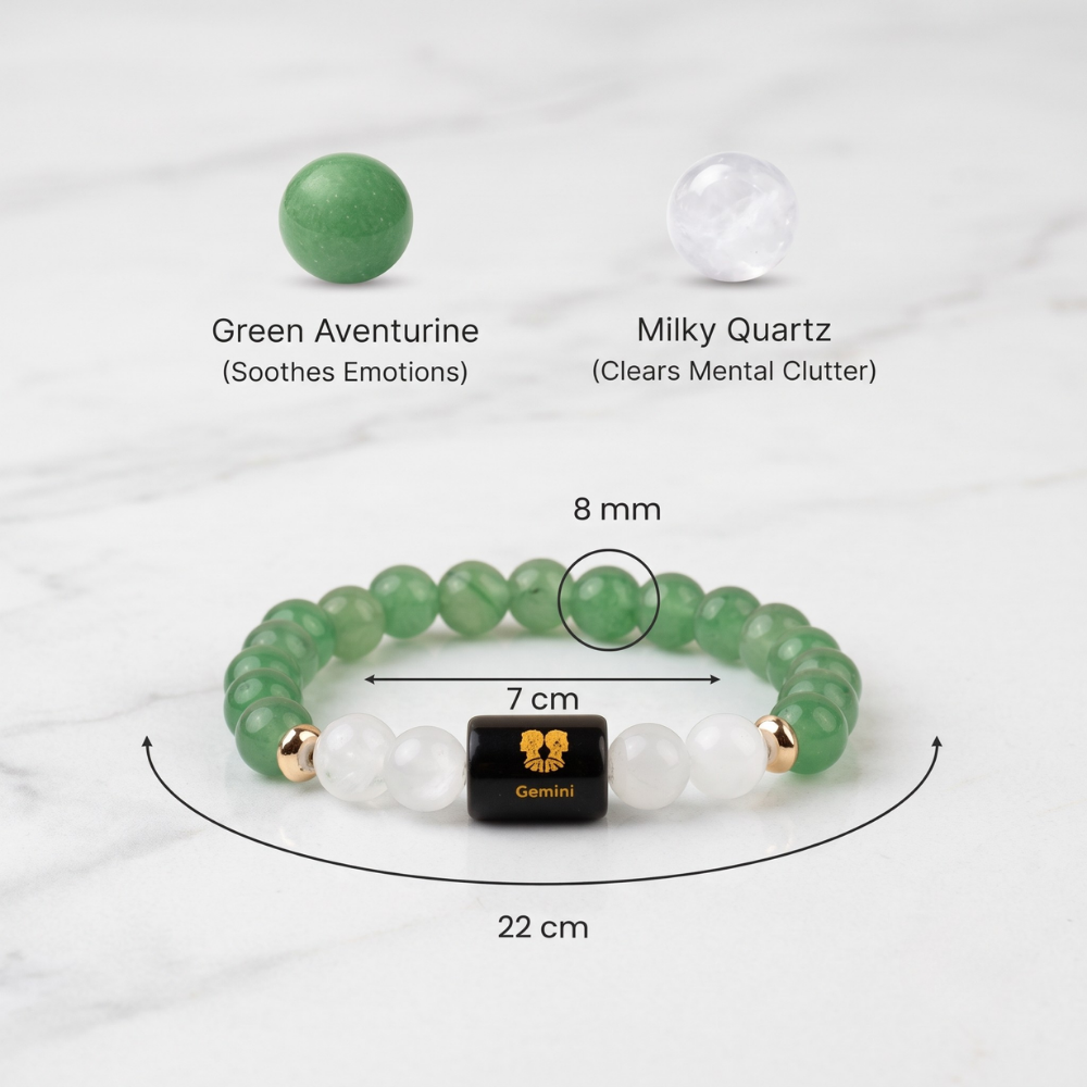 Gemini (मिथुन राशि) Zodiac Green Aventurine & Milky Quartz Bracelet Size