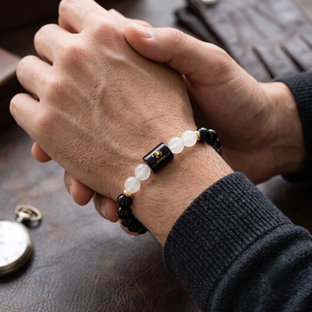 Scorpio (वृश्चिक राशि) Zodiac Black Obsidian & Milky Quartz Bracelet Model