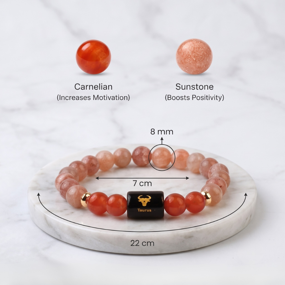 Taurus (वृषभ राशि) Zodiac Sunstone & Carnelian Bracelet Size