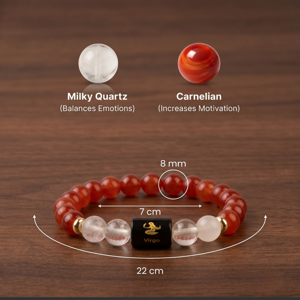 Virgo (कन्या राशि) Zodiac Carnelian & Milky Quartz Bracelet Size